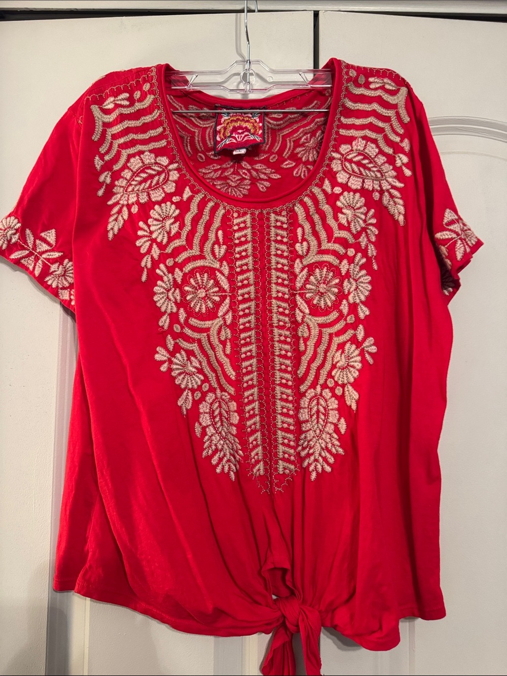 Johnny Was Women's Red Embroidered Tie-Front Top